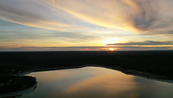 Aerial sunset view of Medina Lake - February 2020